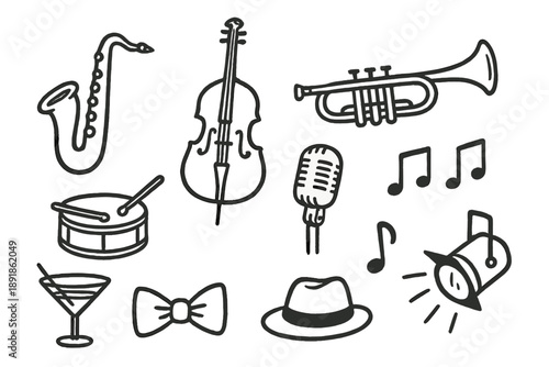 Jazz Doodle Icons. Jazz music doodle icon set: hand drawn icons of saxophone, double bass, trumpet, drum, 