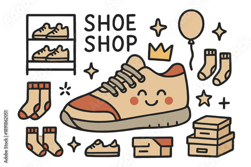 Whimsical Shoe Shop. Shoe shop illustration doodle style: hand drawn sneaker with smile, crown, star, balloon, boxes, racks, and