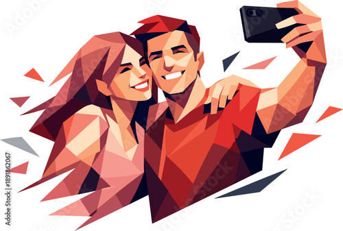 Smiling couple taking a selfie with phone, abstract polygonal art style.