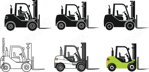 Forklift, silhouette, line art, vector, industrial, worker, machinery, transport, warehouse, equipment, illustration, icon, style set, graphic, vehicle, operator, cargo, logistics, construction
