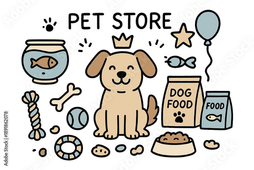 Pet Store Doodle. Pet store illustration doodle style: hand drawn dog with smile, crown, star, balloon, fish bowl, toys, and food