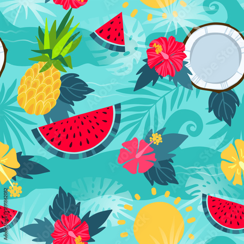 Bright blue summer tropical seamless pattern with watermelons, pineapples, coconuts, hibiscus flowers, exotic palm leaves and blue ocean waves. Hand drawn vector background illustration.