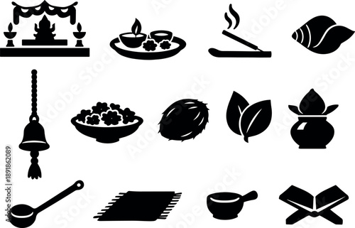 Image Generation. Solid vector icons of puja ritual: altar, prayer plate, incense stick, conch, bell rope, flower offering,