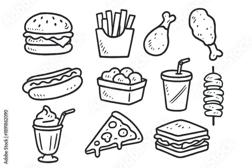 Fast Food Doodles. Fast food doodle icon set: hand drawn icons of burger, fries, fried chicken, hot dog, nuggets, soda cup, milkshake, pizza, kebab, and sandwich. isolated transparent background