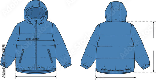 Front and back technical illustration of hooded winter jacket with body length measurement guide for garment sizing, fashion design, and apparel construction reference.