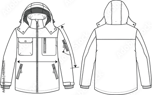 Front and back technical sketch of winter jacket with hood, zip pockets, and measurement indicators for fashion design and garment specification reference.
