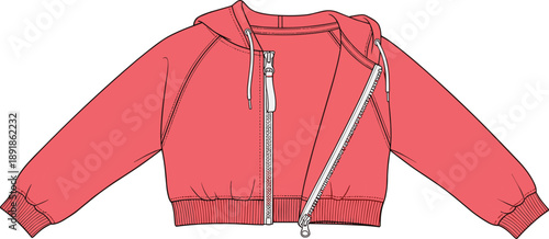 Front view illustration of red cropped hoodie with unique double zipper design and drawstring hood for fashion design and apparel reference.