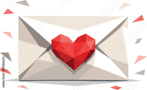Envelope with red heart icon, surrounded by colorful confetti triangles.