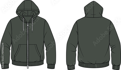 Full zip hoodie front and back flat sketch, drawstring hood kangaroo pocket ribbed cuff hem detail, cad drawing flat vector illustration template