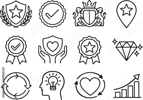Icon Grid Design. Line style icons of regional brand recognition: emblem, seal, crest, icon; reputation, trust, quality, value;