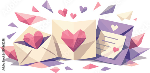 Envelopes with hearts, paper planes, and notes create a romantic theme.