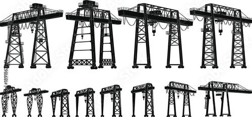 Gantry, crane, silhouette, posture, gesture, beam, leg, cable, ladder, lift, load, structure, setup, industrial, engineering, equipment, vector, black, pose, flavector, machinery