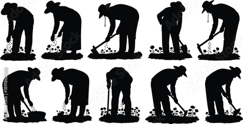 Gardening, posture, silhouette, gesture, plant, seed, hoe, soil, flower, hat, kneel, bend, stand, tool, setup, rural, cultivation, vector, black, pose, flavector
