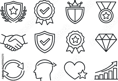 Icon Grid Design. Line style icons of regional brand recognition: emblem, seal, crest, icon; reputation, trust, quality, value;