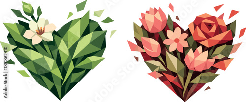 Two geometric hearts, one with green leaves and flowers, another with red flowers.