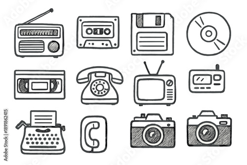 Retro Tech Icons. Retro tech doodle icon set: hand drawn icons of radio, cassette, floppy disk, CD, VHS, telephone, pager, typewriter, CRT TV, and film camera. isolated transparent background