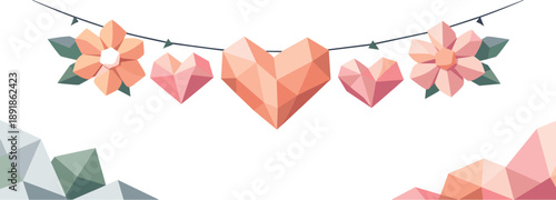Polygonal hanging hearts and flowers on a line with geometric shapes around.