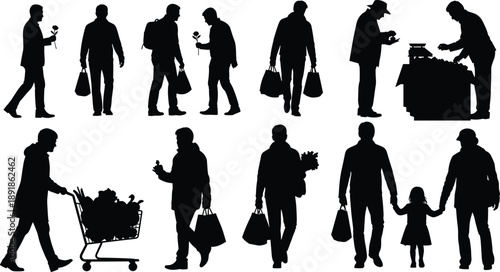 Grocery shopping activity silhouette set with people carrying bags, pushing carts, and selecting produce, black vector illustration for retail, lifestyle, or market-themed stock image