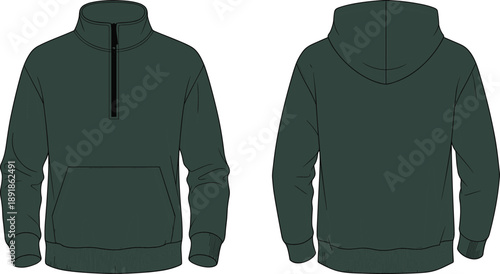 Half zip hoodie front and back flat sketch, kangaroo pocket drawstring hood ribbed cuff hem detail, cad drawing flat vector illustration template