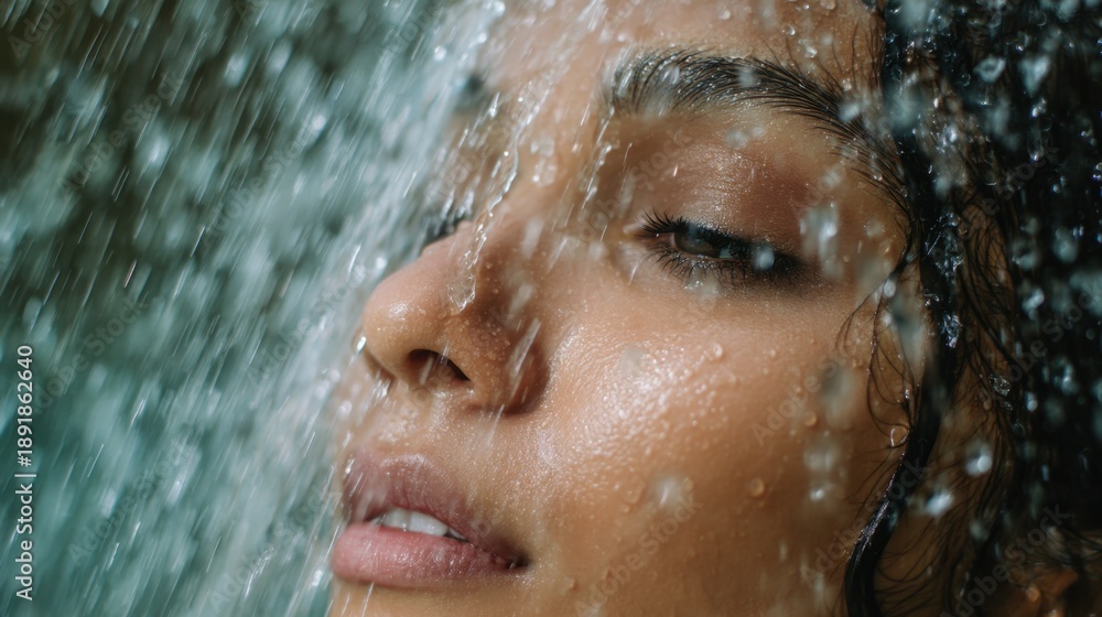 Fototapeta premium Close-up of young hispanic female enjoying refreshing shower water.
