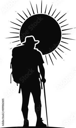 Hiker silhouette vector, walking stick pose, sun rays background, outdoor adventure, black icon, flavector, nature journey, exploration theme, travel spirit, wilderness graphic, solitude moment