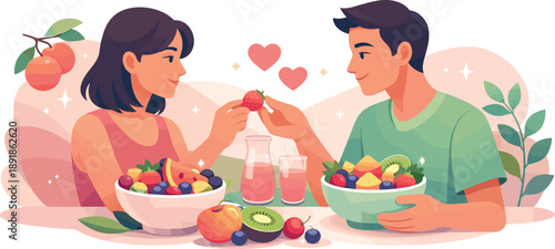 A couple enjoying a fruit salad together with hearts, leaves, and glasses.