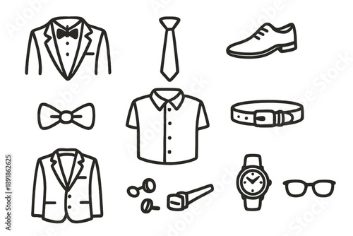 Formal Wear Doodle Set. Formal wear doodle icon set: hand drawn icons of tuxedo, tie, shoes, bow tie, shirt, belt, cufflinks, blazer, watch, and glasses. isolated transparent background