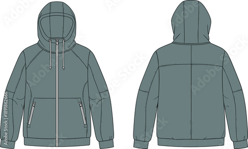 Hooded jacket front and back flat sketch, ergonomic sleeve seam zip pocket ribbed cuff hem detail, cad drawing flat vector illustration template