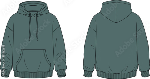Hooded sweatshirt front and back flat sketch, drawstring hood kangaroo pocket ribbed cuff hem detail, cad drawing flat vector illustration fashion template