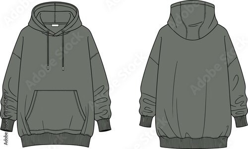 Hooded sweatshirt front and back flat sketch, drawstring hood kangaroo pocket ribbed cuff hem, cad drawing flat vector illustration