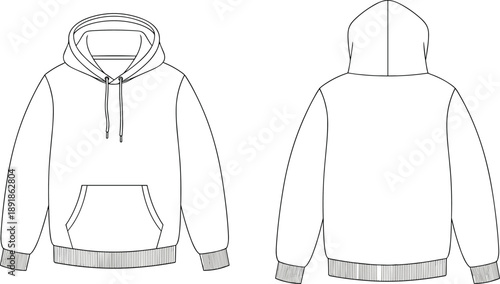 Hooded sweatshirt front and back flat sketch, long drawstring kangaroo pocket ribbed cuff hem relaxed fit, cad drawing flat vector illustration design