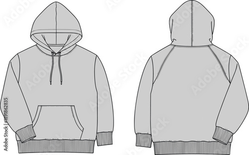Hooded sweatshirt front and back flat sketch, raglan sleeve kangaroo pocket drawstring hood ribbed cuff hem detail, cad drawing flat vector illustration design