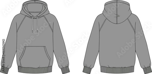 Hooded sweatshirt front and back flat sketch, raglan sleeve drawstring hood kangaroo pocket ribbed cuff waistband detail, cad drawing flat vector illustration design