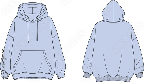 Hooded sweatshirt front and back flat sketch, raglan sleeve kangaroo pocket drawstring hood metal tip ribbed cuff hem, cad drawing vector illustration