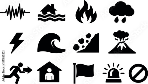 Disaster Alert Icons. Solid vector icons of disaster alert: earthquake wave, flood water, wildfire flame, storm cloud, lightning