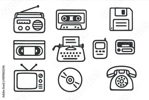 Retro Tech Icons. Retro tech doodle icon set: hand drawn icons of radio, cassette, floppy disk, VHS, typewriter, pager, CRT TV, CD, film camera, and telephone. isolated transparent background