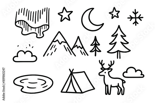 Aurora Doodle Icons. Aurora doodle icon set: hand drawn icons of northern lights, stars, moon, mountain, pine tree, lake, tent, deer, cloud, and snowflake. isolated transparent background
