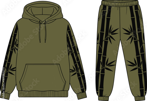 Hoodie, sweatpants, bamboo, olive, nature, fashion, sketch, front, back, silhouette, posture, gesture, setup, vector, black, pose, flavector, minimal, garment, technical, cad drawing flat vector