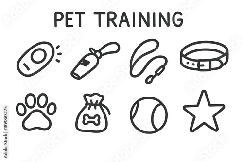 Pet Training Doodles. Pet training doodle icon set: hand drawn icons of clicker, whistle, leash, collar, paw, treat bag, ball, cone, hoop, and star. isolated transparent background