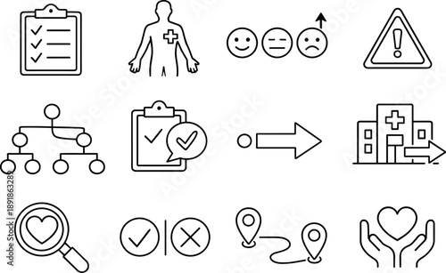 Symmetrical Icon Grid. Line style of emergency symptom checker icons: questionnaire, body map, severity scale, risk badge;