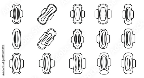 Various paperclip designs arranged in a grid black outline silhouette