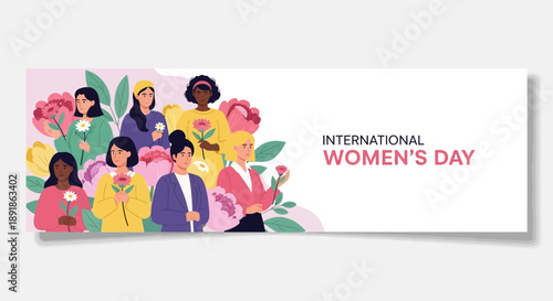 Diverse Group of Women Celebrating International Womens Day with Flowers.
