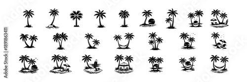Palm Tree and Tropical Island Silhouette Set – Beach and Summer Icons