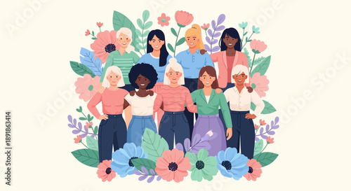 Diverse Group of Women Celebrating Together in Floral Setting.
