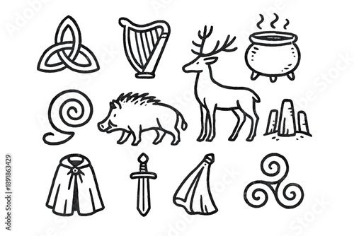 Celtic Mythology Doodle Icons. Celtic mythology doodle icon set: hand drawn icons of knot, harp, cauldron, boar, 