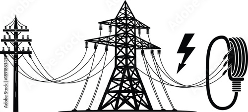 Vector illustration of high voltage power lines and electric pylon, transmission tower silhouettes on white background, symbol of electricity