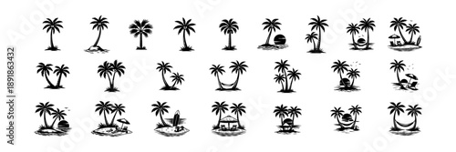 Palm Tree and Tropical Island Silhouette Set – Beach and Summer Icons