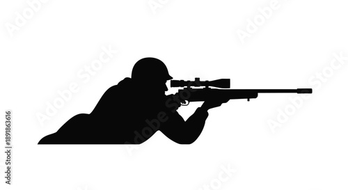 Prone sniper aiming with rifle dramatic black form silhouette