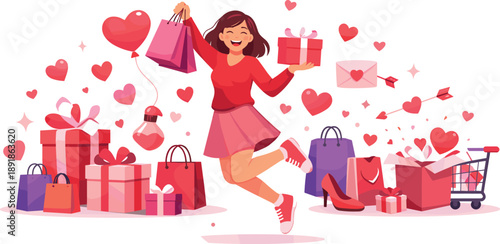 A woman surrounded by gifts, hearts, shopping bags, and a cart.