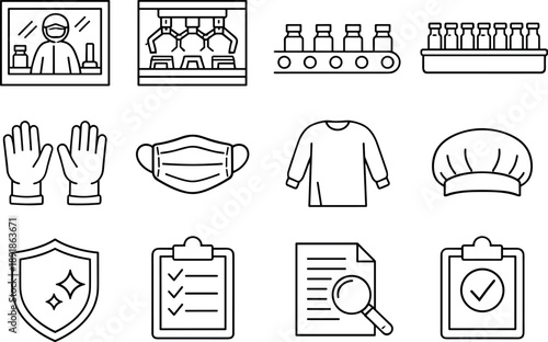 Sterile Drug Packaging Icons. Line style vector icons of sterile drug packing: clean room, packing line, conveyor, tray; gloves,